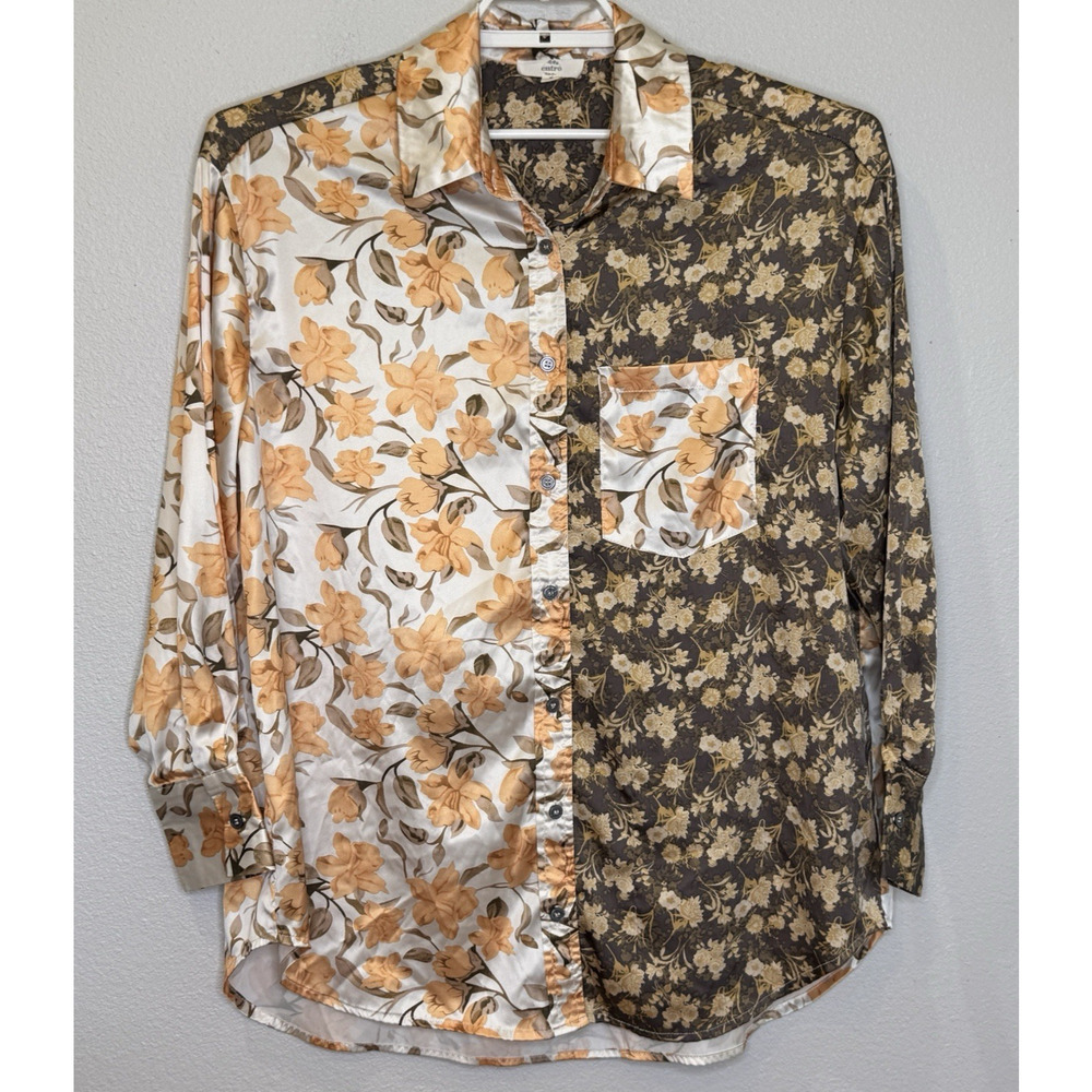 Entro Button Up Oversized Top Womens Small Brown Floral Print Long Sleeve Satin